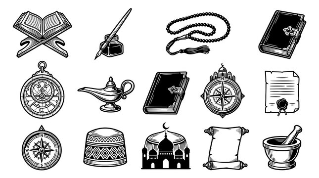 Black and White Vintage Line Art Icons: Islamic Heritage, Arabic Culture, and Middle Eastern Symbols
