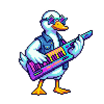Pixel art duck playing keytar and wearing star sunglasses