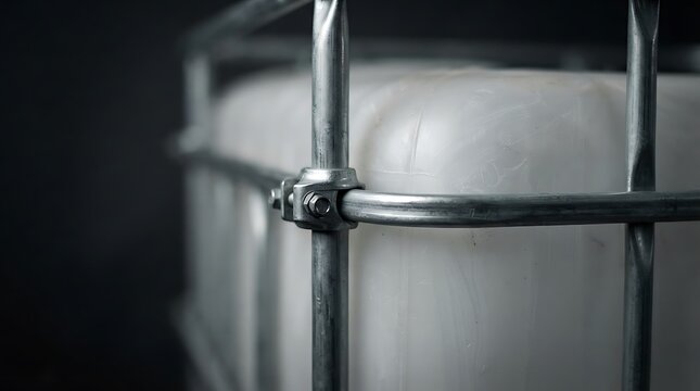 A close-up view of an ibc container showing the durable metal cage structure and the white plastic storage tank inside