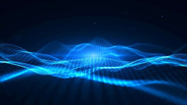 Glowing blue wireframe waves ripple across dark abstract landscape as luminous grid lines rise and fall around bright central ridge with soft particles and layered depth