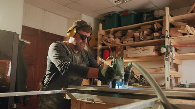 Man uses handheld electric planer on metal edge at workbench. Workshop shelves with wood planks visible behind him. Warm lighting illuminates scene woodworker
