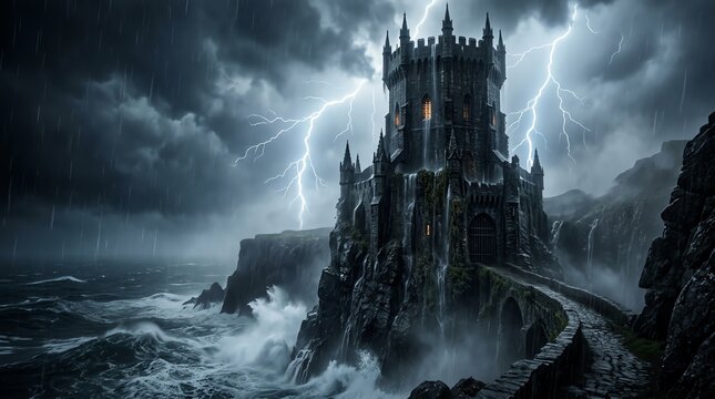 Castle on Cliff with Lightning Strikes in Storm