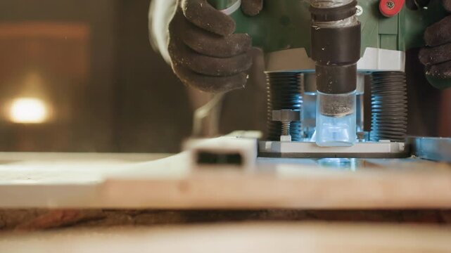 Close up shows gloved hand holding green power tools with hose attachment over wood piece. Hands adjust position of machinery while working in workshop environment emphasizing precision
