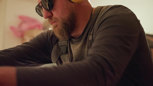 Close up shows bearded woodworker in safety glasses and ear protection using power tools to shape or cut material. scene is set indoors with warm lighting capturing focused activity