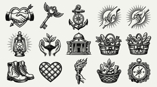 Vintage Engraved Line Art Icons Set - Community, Charity, Nature, Travel  Wellness Symbols