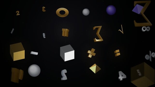 3D Math Symbols Numbers and Geometric Shapes Floating on Black Loop
