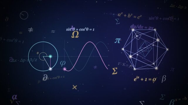 Glowing Math Equations Symbols and Geometric Shapes on Dark Loop