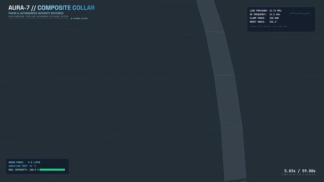 Educational animation of a high-pressure pipe collar HUD interface showing autonomous integrity restoration and micro-crack seam repair inside an industrial pipeline network