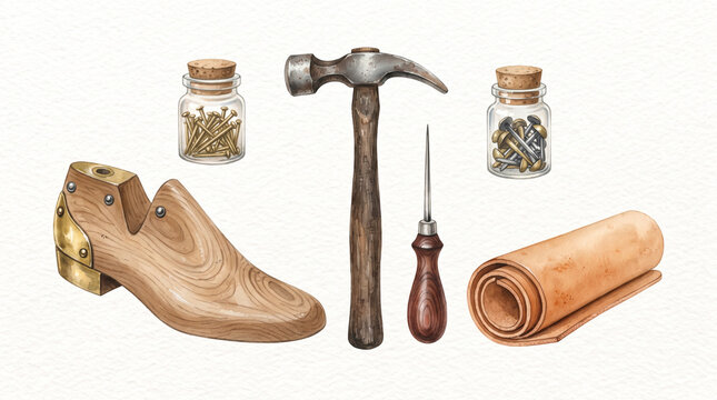 Watercolor Artisan Leather Shoemaker Last with Cobbler Hammer and Brass Tacks Clipart
