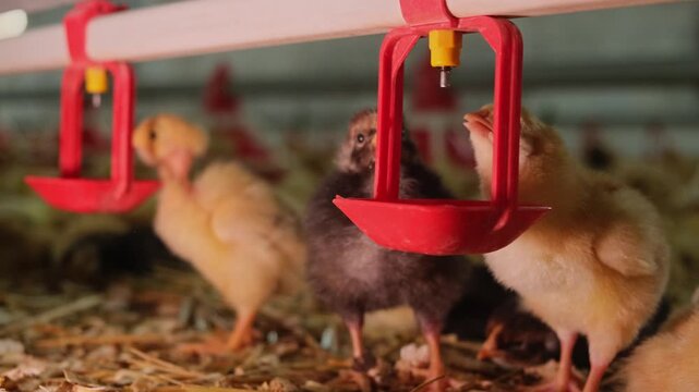 Little chicks drink fresh water from red automatic nipples inside modern poultry farm coop