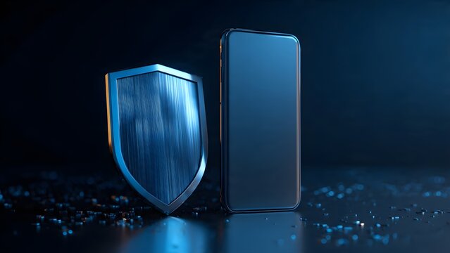 Smartphone security concept with metallic shield and blue lighting on dark surface features sleek modern mobile device protecting user digital data privacy through advanced encryption systems.