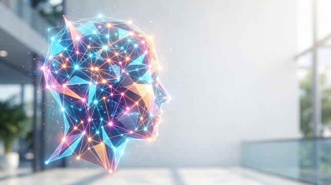 An abstract representation of a human head digitally constructed from colorful glowing light particles with a blurred interior background