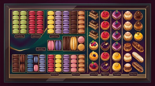 A vibrant display of delicious gourmet macarons arranged neatly inside a chilled bakery case ready for purchase