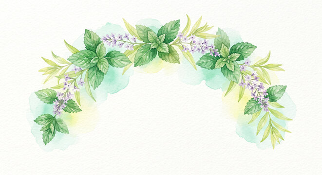 Watercolour Style Fresh Wild Mint and Lemon Verbena Culinary Garland Graphic Design Asset