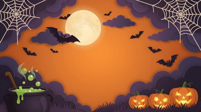 Happy Halloween banner or party invitation background with clouds, bats and pumpkins in paper cut style. Paper style illustration. Full moon in orange sky, spiders web 4k video resolution