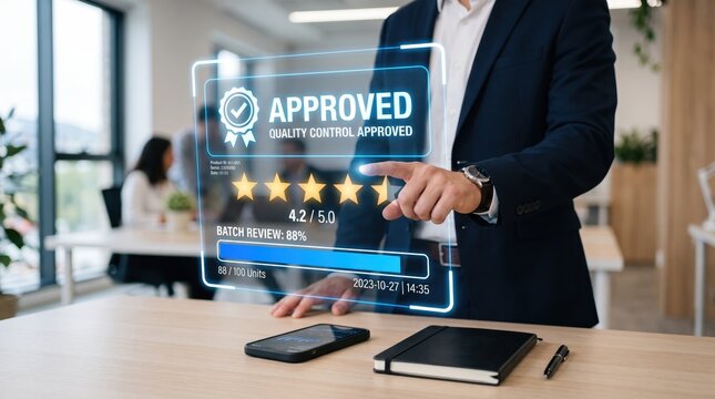 Businessman interacting with futuristic holographic interface displaying quality control approval status, batch review statistics and five star rating system in modern office