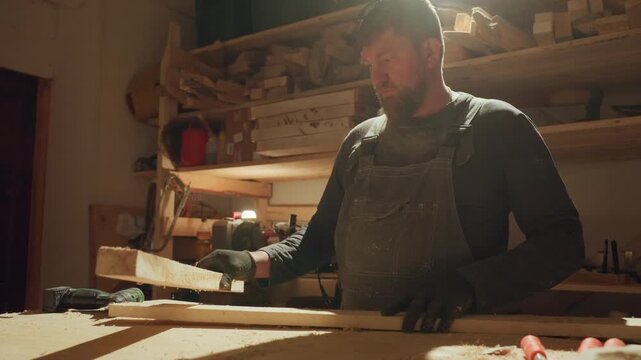 Man wearing dark clothing examines wooden plank at well equipped workshop table shelves filled with lumber and hand tools surround him as man prepares for woodworking project