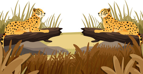 Two cheetahs resting on logs in the African savannah at night illustration © andika96