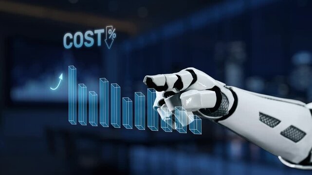 A futuristic robot finger touches a digital cost chart, showcasing the interaction between technology and data analysis in a modern office environment. Synapse