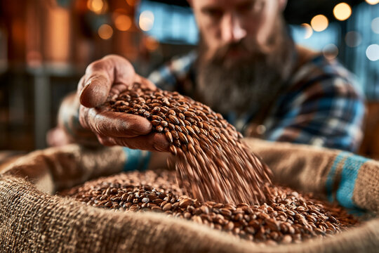 Farmer holding a handful of harvested roasted coffee beans from a burlap sack with harvesting cof