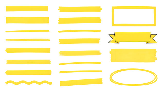 Marker highlight text line set. Hand drawn marker highlight text line yellow stroke brush pen underline. Paper banner frame watercolor sharpie memo background.