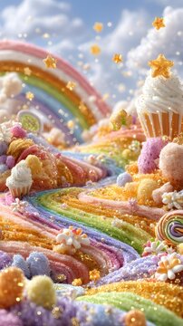 Dreamy Rainbow Sweet Treats Digital Wallpaper Whimsical Candyland with Rainbow and Cupcakes Pastel Rainbow Candy Nursery Wallpaper Kawaii Candy Shapes Kids Room Background 