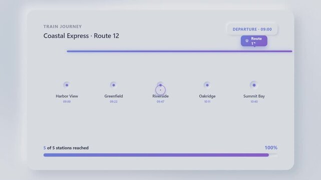 Train journey animation showing progress through stations on route map