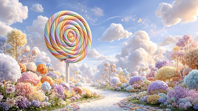Dreamy Rainbow Sweet Treats Digital Wallpaper Whimsical Candyland with Giant Lollipop Fantasy Scene Pastel Rainbow Candy Nursery Wallpaper Kawaii Candy Shapes Kids Room Background 