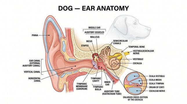 Detailed scientific diagram illustrating the anatomy of a dogs ear