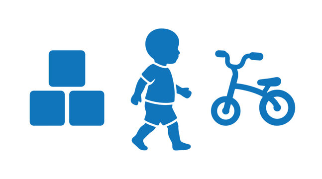 Baby icons set including building blocks toddler walking balance bike with development childhood activity recreation illustration learning building education collection