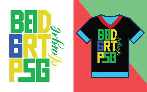 Bold block lettering with the text bad grt psg and script text on a black t-shirt mockup with v-neck trim