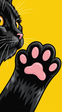 Black cat reaching up a paw showing pink toe beans on a bright yellow background in pop art style.   