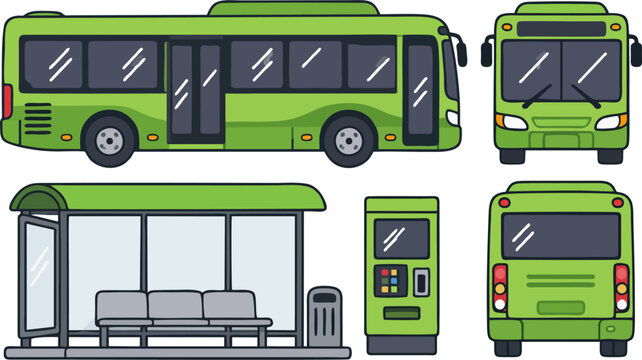 Green City Bus Set with Side View, Front View, Rear View, Bus Stop Shelter, Ticket Vending Machine - Public Transportation Urban Transit Cartoon Vector