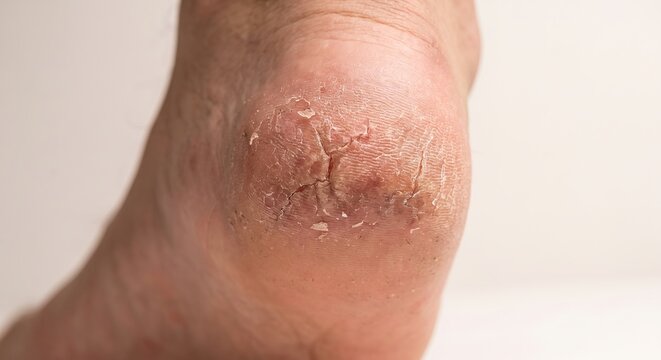 Extreme macro close-up of a human heel suffering from severe dryness, cracking, and thick calluses