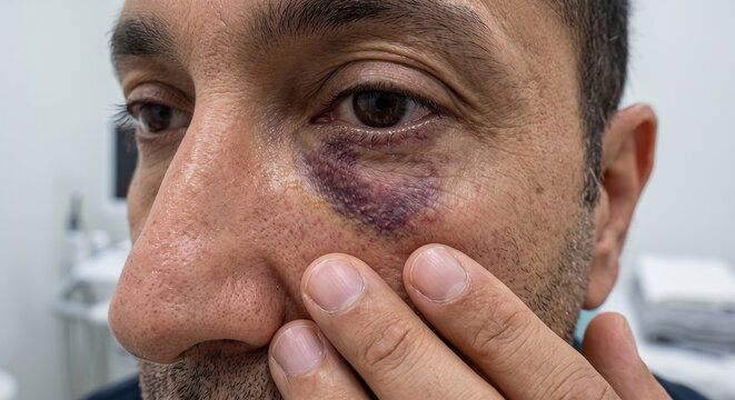 Close-up of a man's face showing a severe dark black eye, bruise, and swelling from trauma or injury