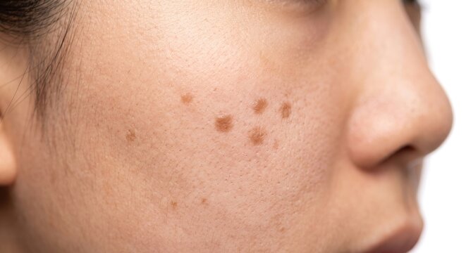 Hyperpigmentation and Dark Age Spots on Female Cheek Skin Close Up