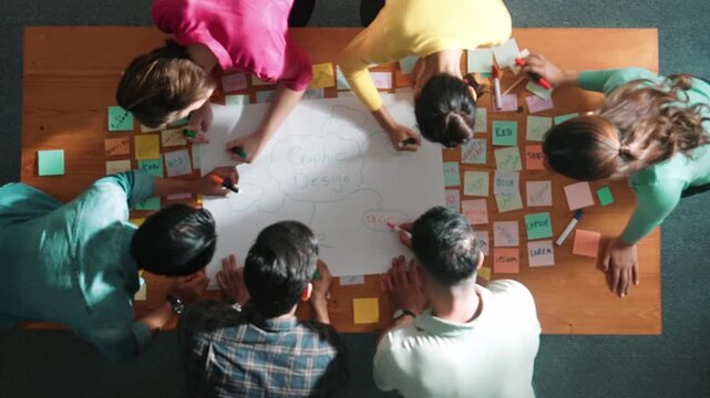 Top down view of manager writing and sharing idea by using mind map. Aerial view of smart business team working together and planning by writing in paper and drafting strategy with pencil. Symposium.