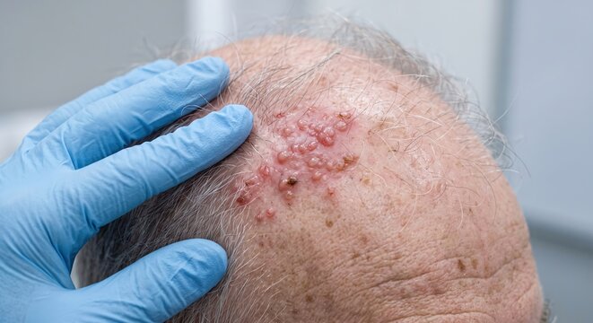 Doctor Examining Shingles Rash Vesicles with Gloved Hand on Senior Scalp