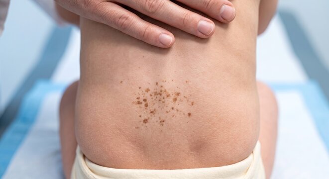 Doctor Examining Congenital Pigmented Nevus and Freckles Cluster on Infant Back