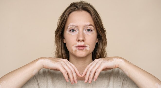 Portrait of a beautiful young woman with vitiligo skin condition on her face and hands looking at camera