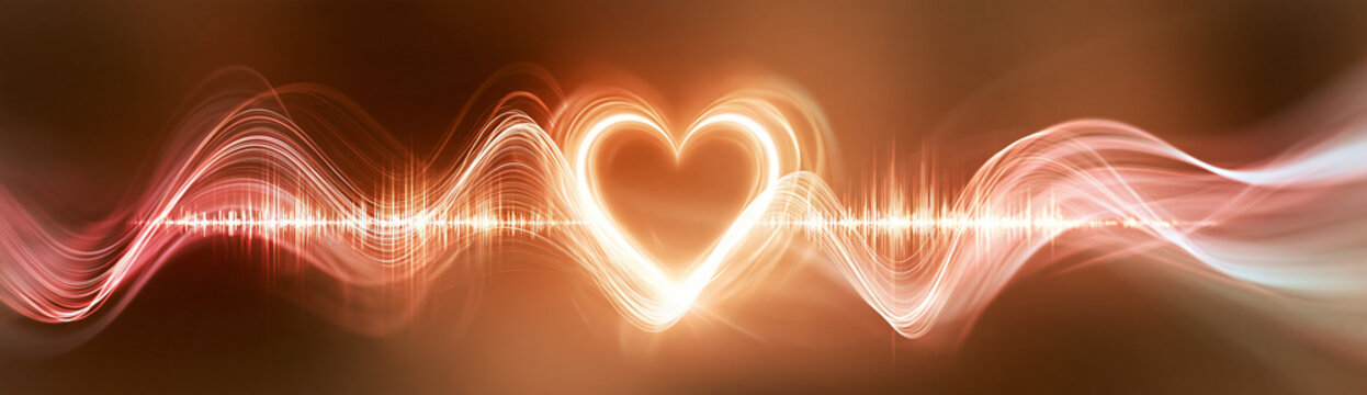 Glowing heart shape integrated with a dynamic waveform, radiating warm light on a blurred brownish background.