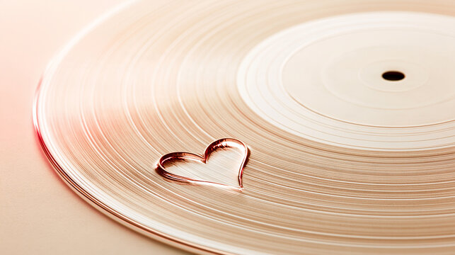 A close-up of a vinyl record with a heart-shaped groove etched into its surface, symbolizing love and music connection.