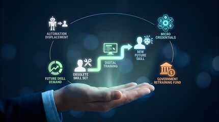 Obraz premium Digital training and workforce reskilling concept, hand holding future skill demand infographic, automation displacement and career development strategy