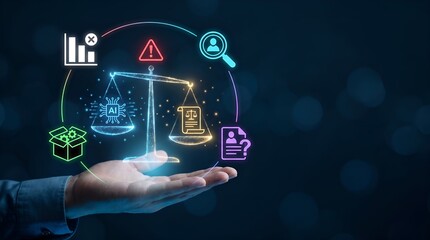 Obraz premium Artificial intelligence ethics visual concept with scales of justice, AI regulation and governance abstract glowing icons, digital compliance technology concept