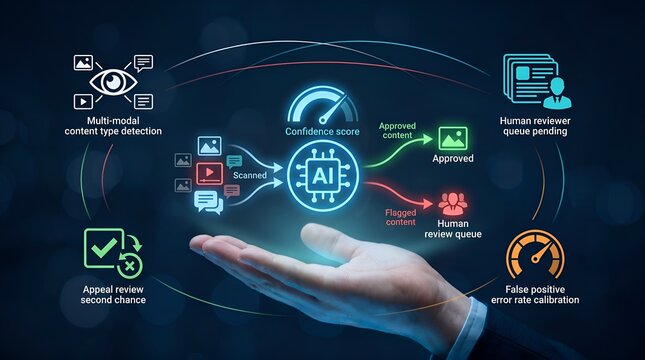 Artificial intelligence content moderation graphic visualization, AI automated system scanning media workflow interface, technology concept
