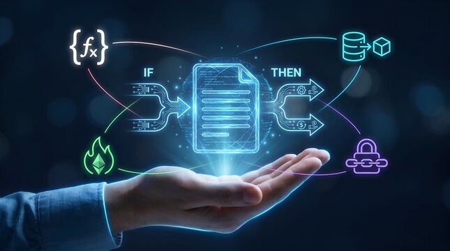Smart contract technology concept, hand holding digital document glowing icon interface, blockchain automation program background