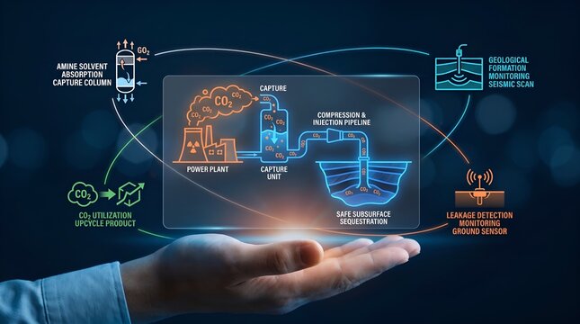 Carbon capture technology infographic on digital interface, carbon dioxide sequestration process, sustainable energy decarbonization background