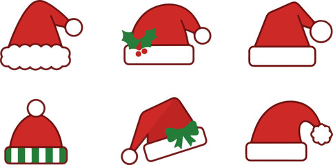 Festive Santa hat icon set, red and white Christmas caps, watermelon beanie, flat vector style, holiday design elements for greetings and cards isolated on White Background EPS © ALMAAKTER