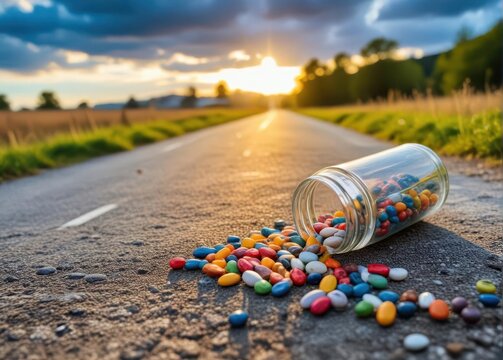 Colorful pill bottle topples onto a rural road's surface