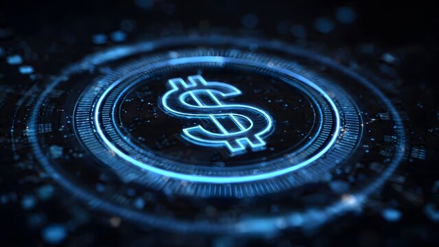 Digital dollar currency sign with glowing blue light on circuit board element, representing modern financial technology and investment.